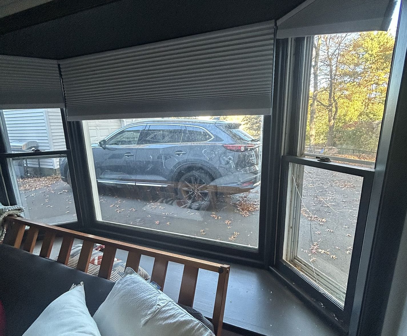 Original bay window on Lawndale Street Berlin CT two story home before Nu-Face replacement showing dated frame and glass condition